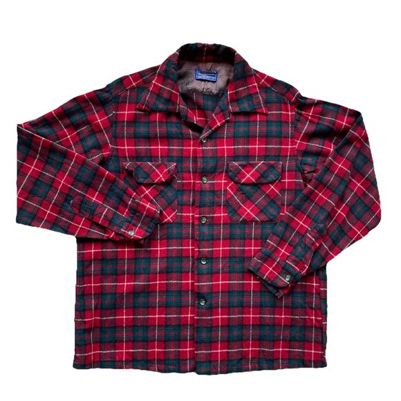 Vintage 60s Pendleton Board Shirt Large Wool Loop Red Green Plaid Square Hem - Picture 2 of 8